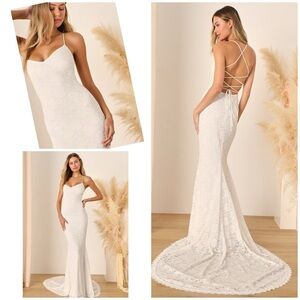 Lulus Perfectly Beloved White Lace Maxi Dress Sleeveless Lace Up Size S NWT